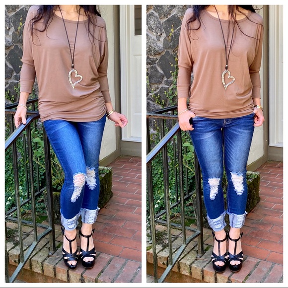 MOCHA DOLMAN BOATNECK 3/4 SLEEVES TUNIC TOP - Picture 2 of 15